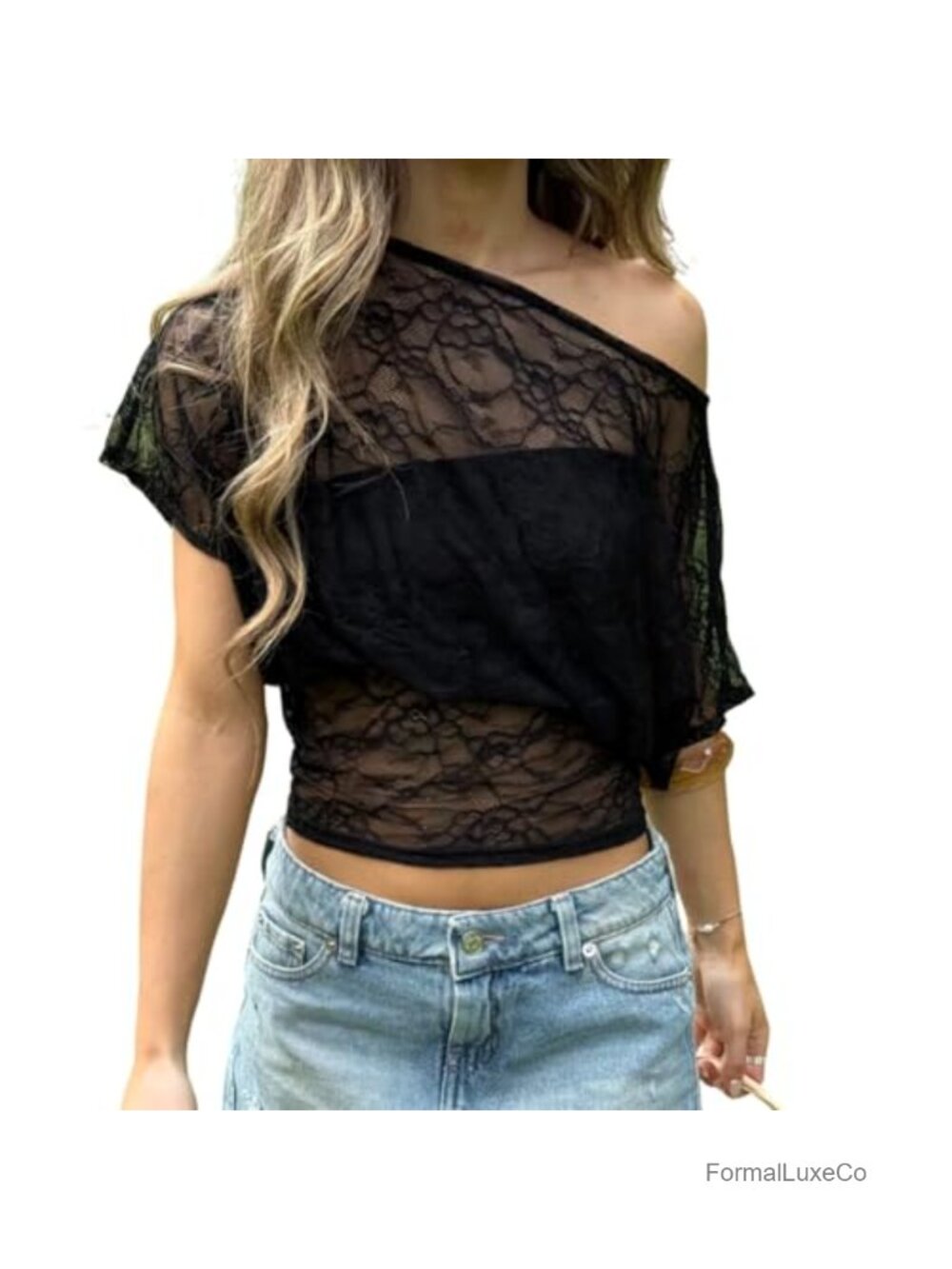 Sheer Lace Off Shoulder Batwing Top Cinched Waist Y2K Going Out Summer Cover Up